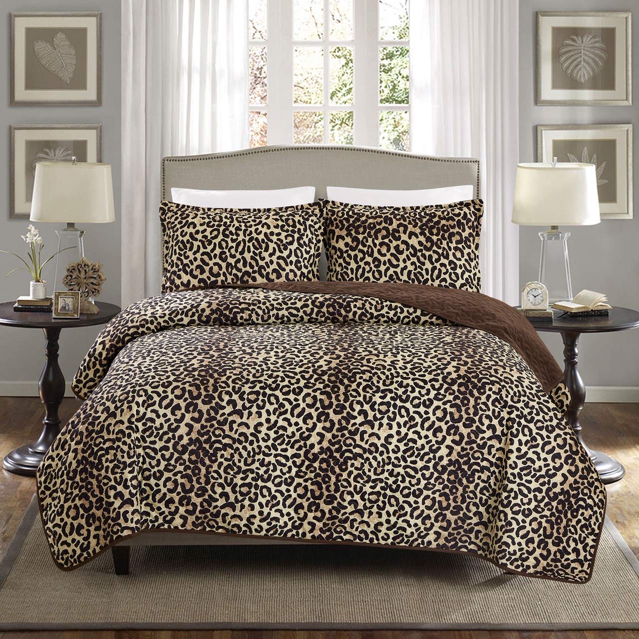 Grandlinen 3-Piece Fine Animal Print Oversize (118' X 95') Quilt Set, Bedspread Coverlet King Size Bed Cover (Brown, Black Leo